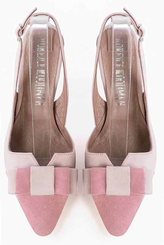 Carnation pink women's open back shoes, with a knot. Tapered toe. High slim heel. Top view - Florence KOOIJMAN